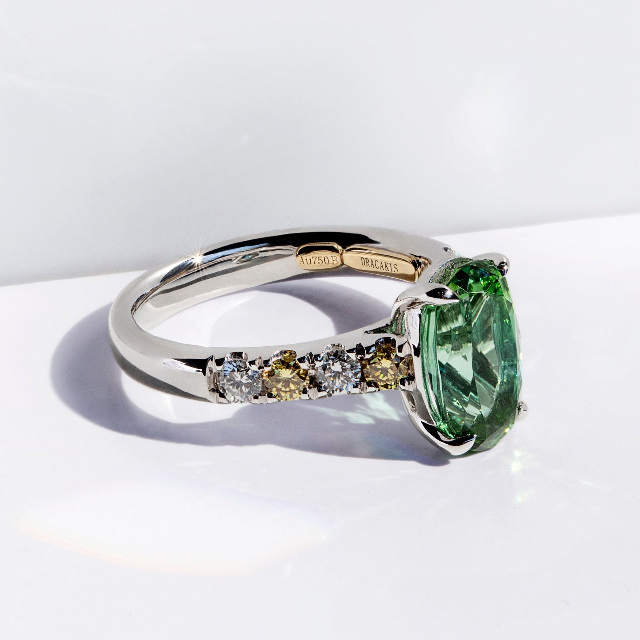 Green Tourmaline, Yellow & White Diamond Ring - Dracakis Jewellers Green Tourmaline, Yellow & White Diamond Ring - Dracakis Jewellers