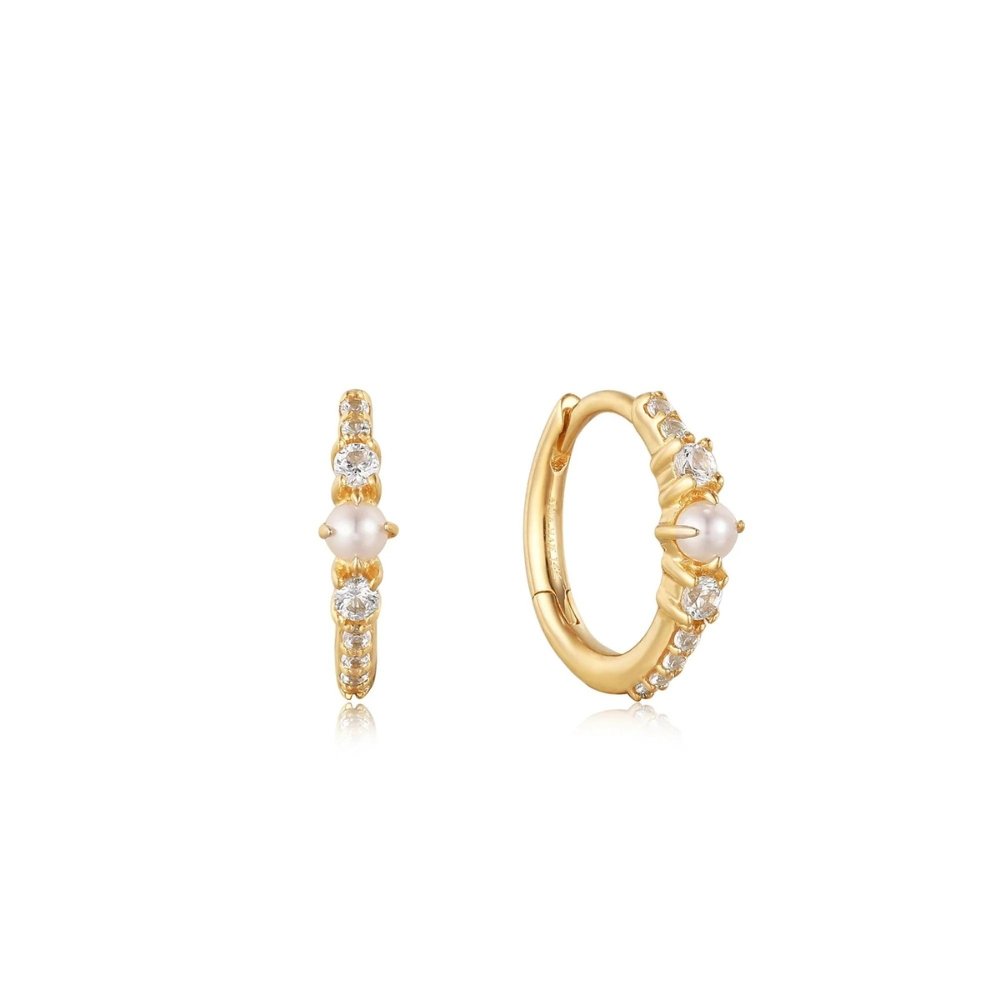 Pearl and White Sapphire Huggie Hoop Earrings - Dracakis Jewellers