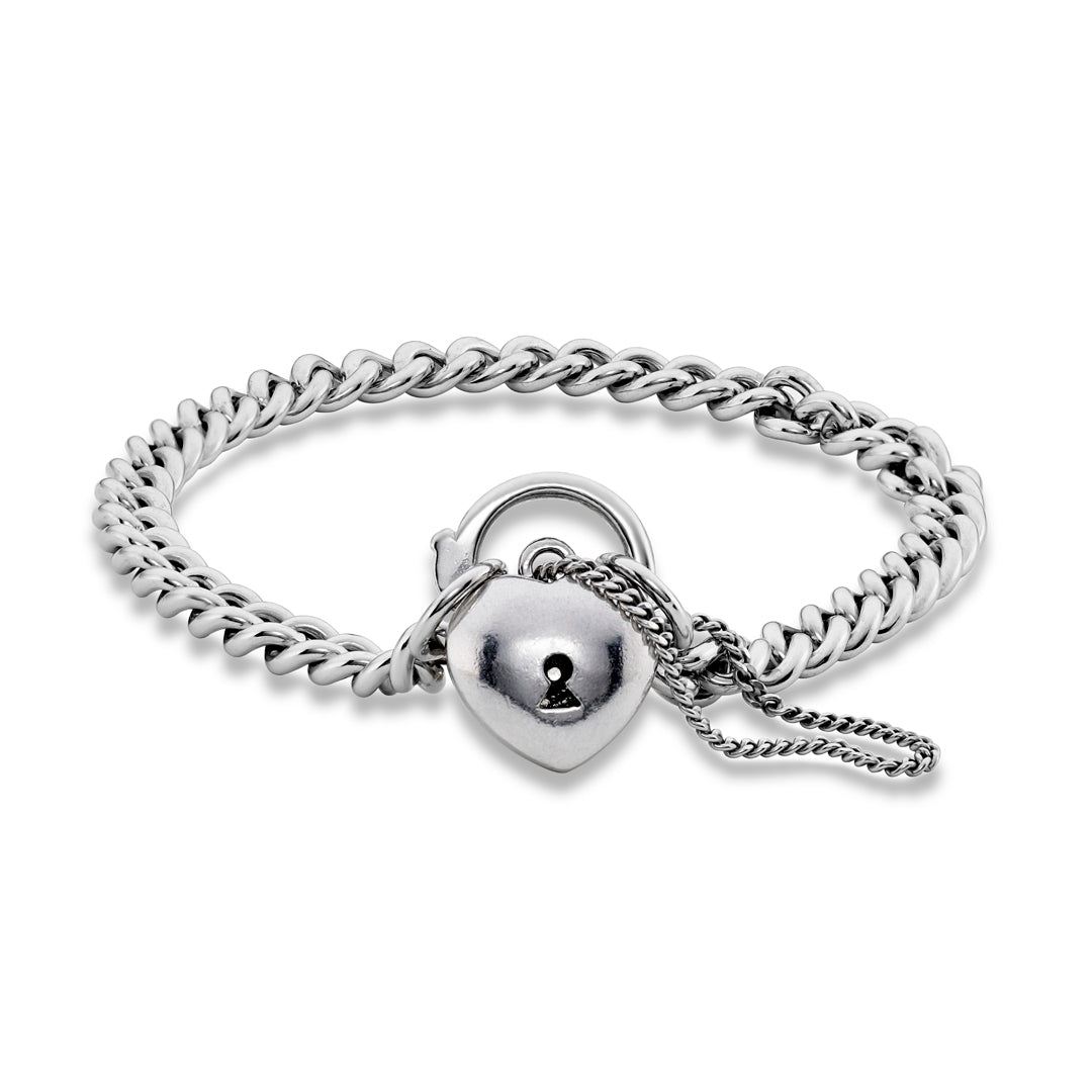 White Gold Curb Link Bracelet with Heart Padlock - Dracakis Jewellers White Gold Curb Link Bracelet with Heart Padlock - Dracakis Jewellers