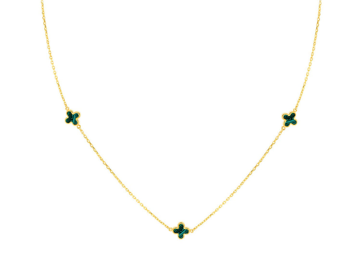 9K Yellow Gold 3 Malachite Petal Necklace 40-42.5 cm - Dracakis Jewellers