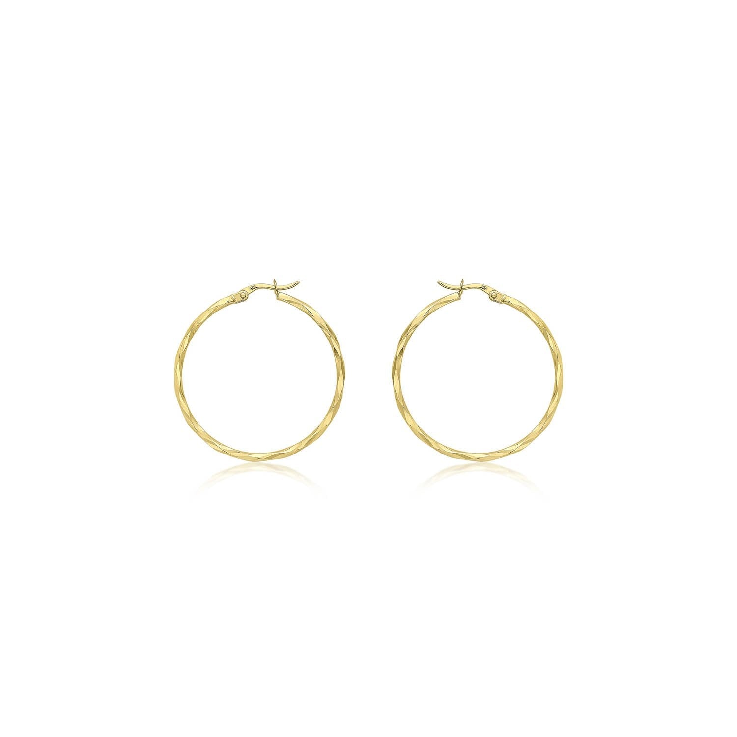 9K Yellow Gold 33mm Diamond Cut Faceted Hoop Creole Earrings - Dracakis Jewellers