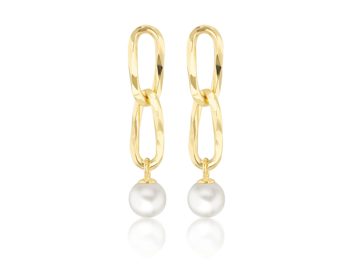 9K Yellow Gold Double Link Freshwater Pearl Drop Earrings - Dracakis Jewellers