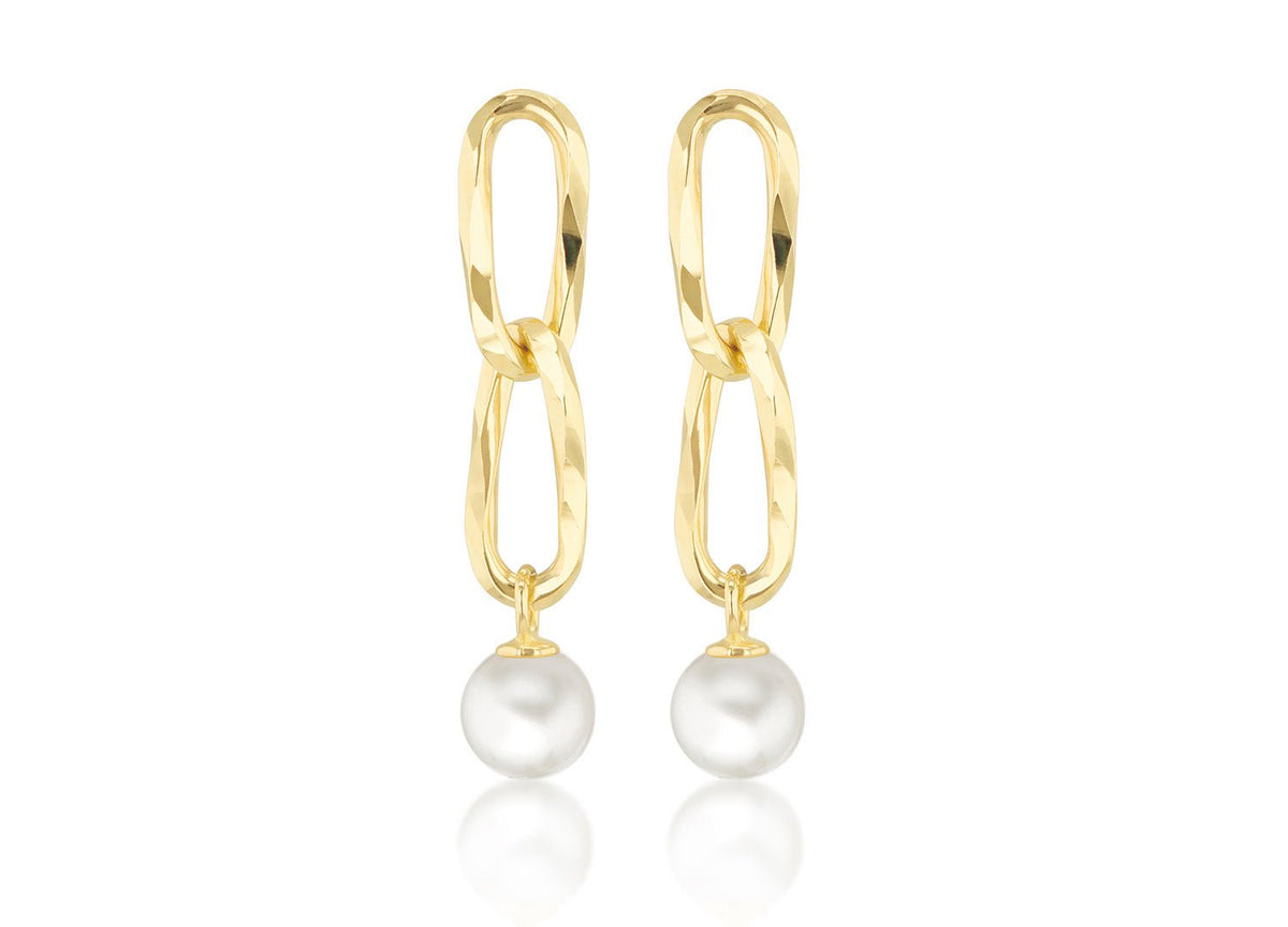 9K Yellow Gold Double Link Freshwater Pearl Drop Earrings - Dracakis Jewellers