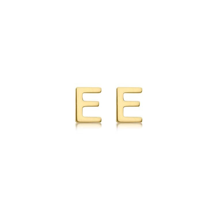 9K Yellow Gold Mini Initial 'E' Stud Earrings - Dracakis Jewellers