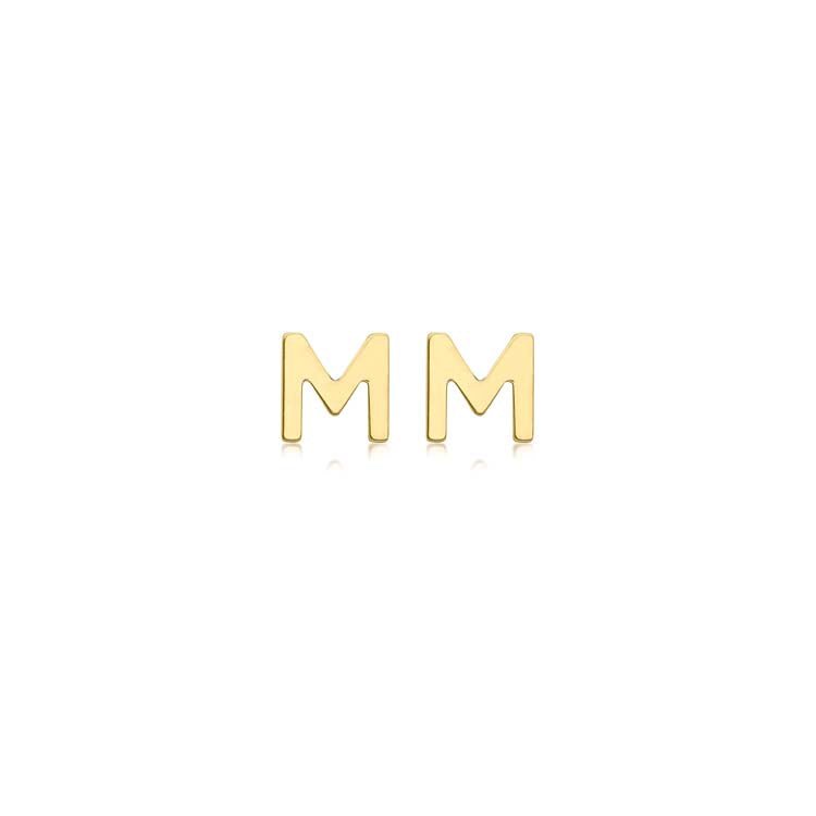 9K Yellow Gold Mini Initial 'M' Stud Earrings - Dracakis Jewellers