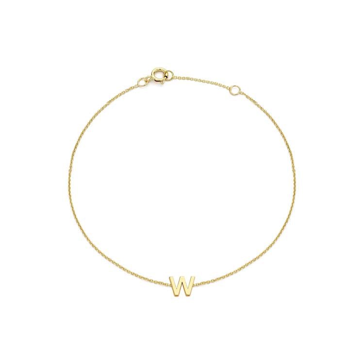 9K Yellow Gold Mini Initial 'W' Bracelet 15.5-19cm - Dracakis Jewellers