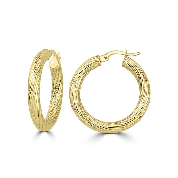 9K Yellow Gold Textured Hollow Hoops 20mm - Dracakis Jewellers