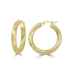 9K Yellow Gold Textured Hollow Hoops 20mm - Dracakis Jewellers