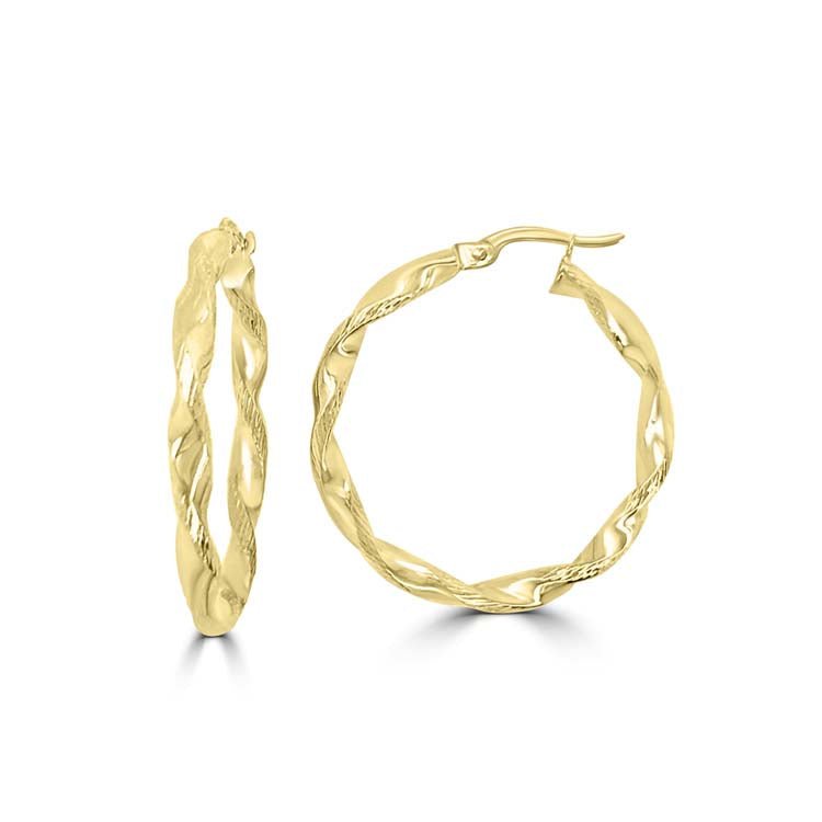 9K Yellow Gold Twisted Hollow Hoop Earrings 25mm - Dracakis Jewellers