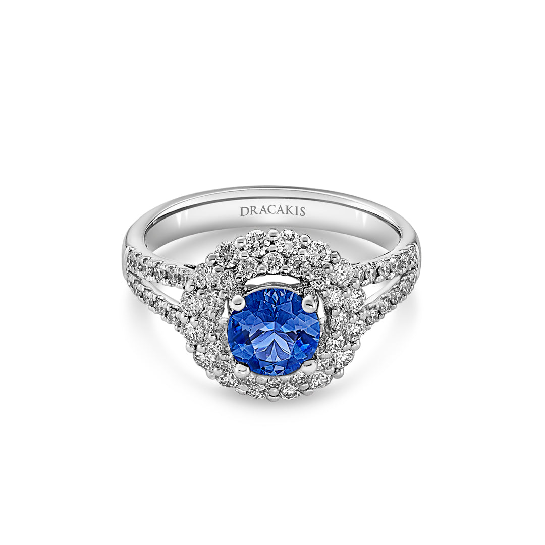 Blue Sapphire & Diamond Double Halo Ring - Dracakis Jewellers