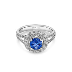 Blue Sapphire & Diamond Double Halo Ring - Dracakis Jewellers
