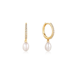 Ania Haie 14kt Gold Pearl Drop and White Sapphire Huggie Hoop Earrings - Dracakis Jewellers