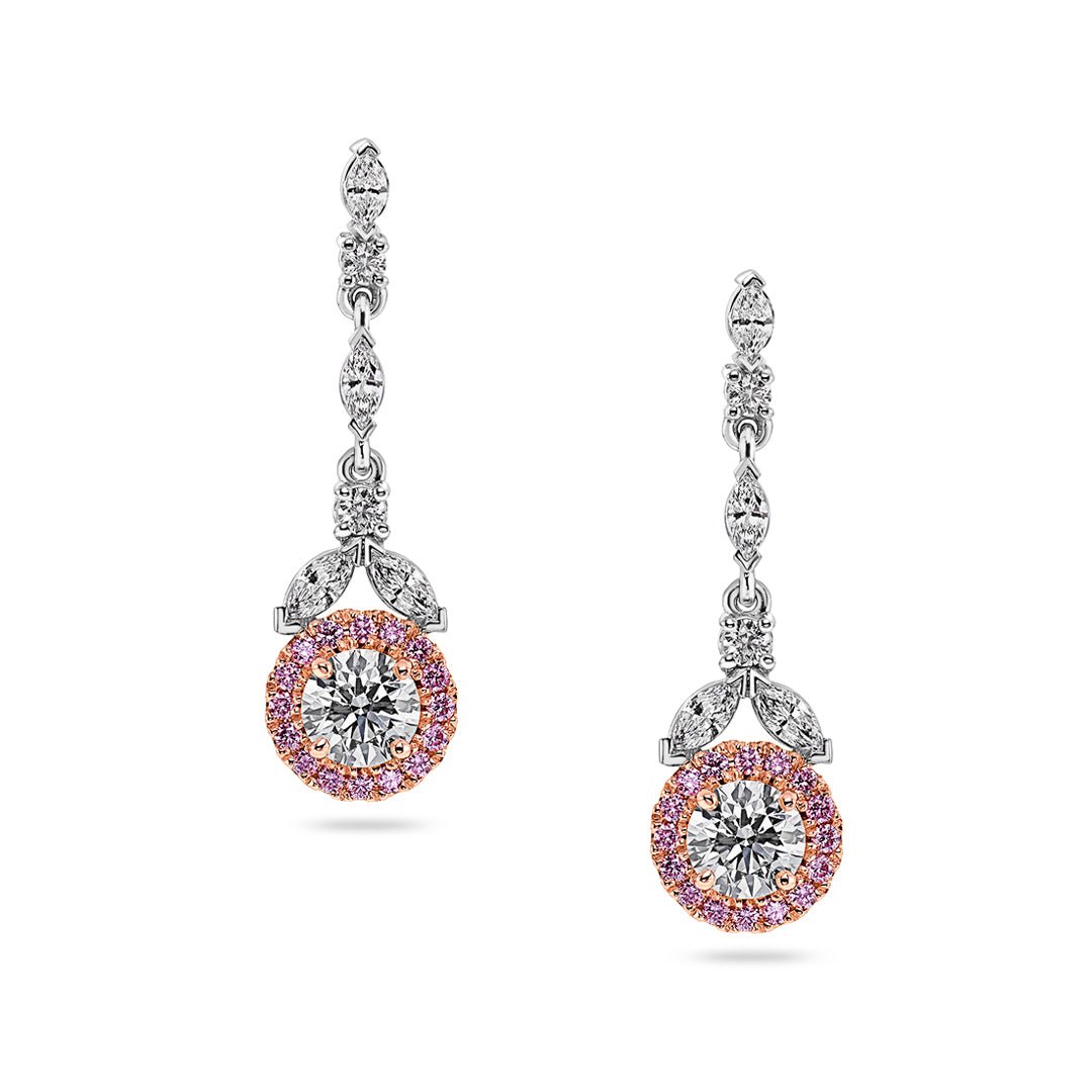 Platinum plated fancy cut cz earrings with baby pink drops -