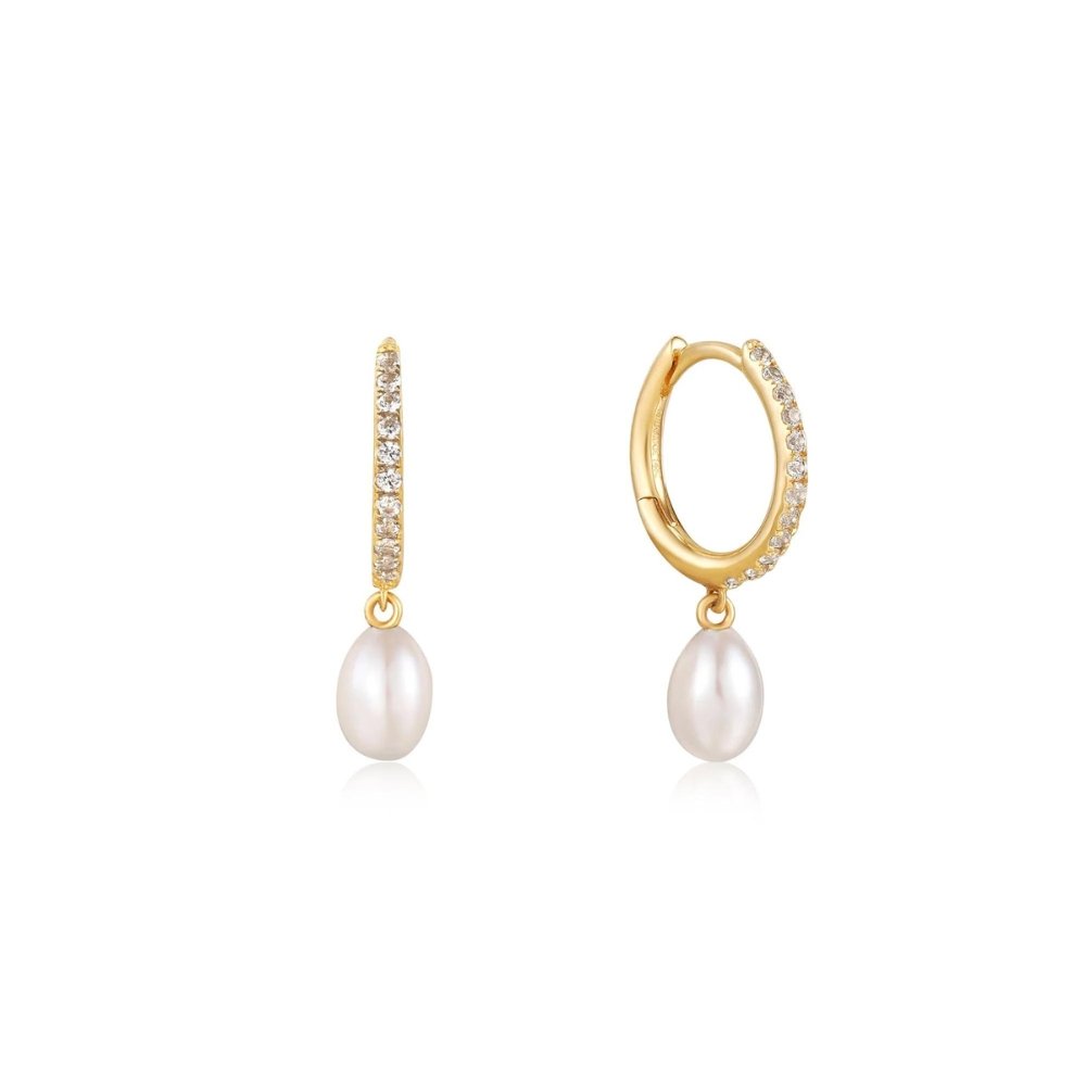 Pearl Drop and White Sapphire Huggie Hoop Earrings - Dracakis Jewellers