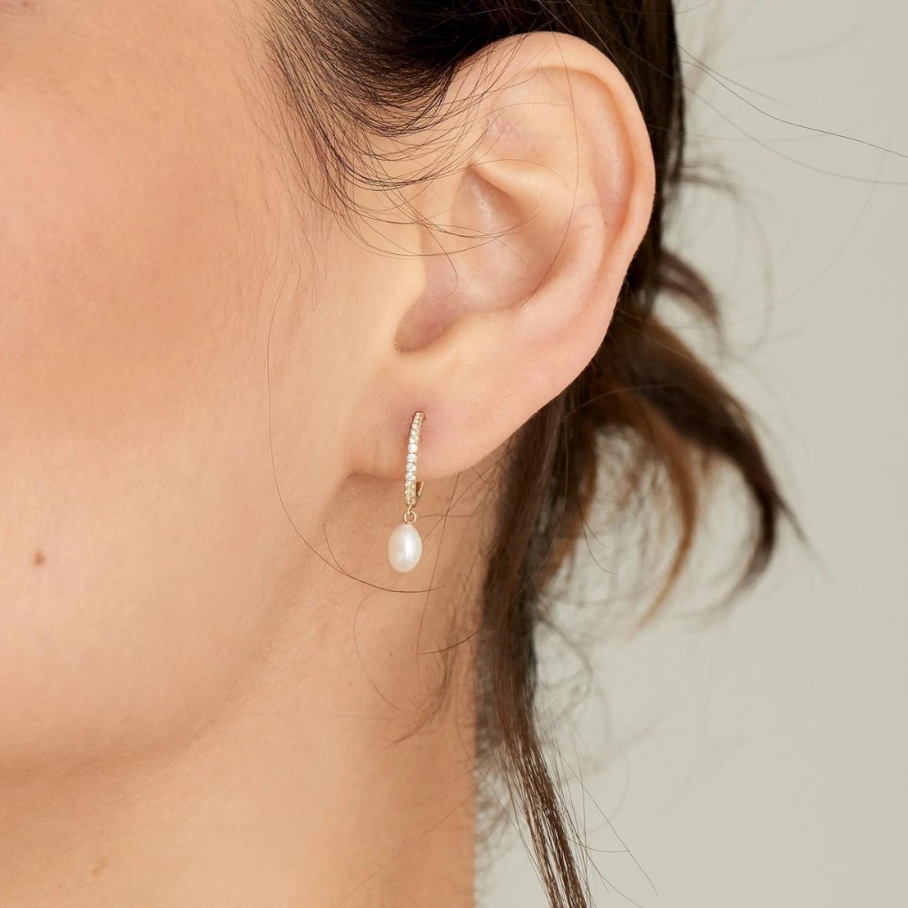Pearl Drop and White Sapphire Huggie Hoop Earrings - Dracakis Jewellers