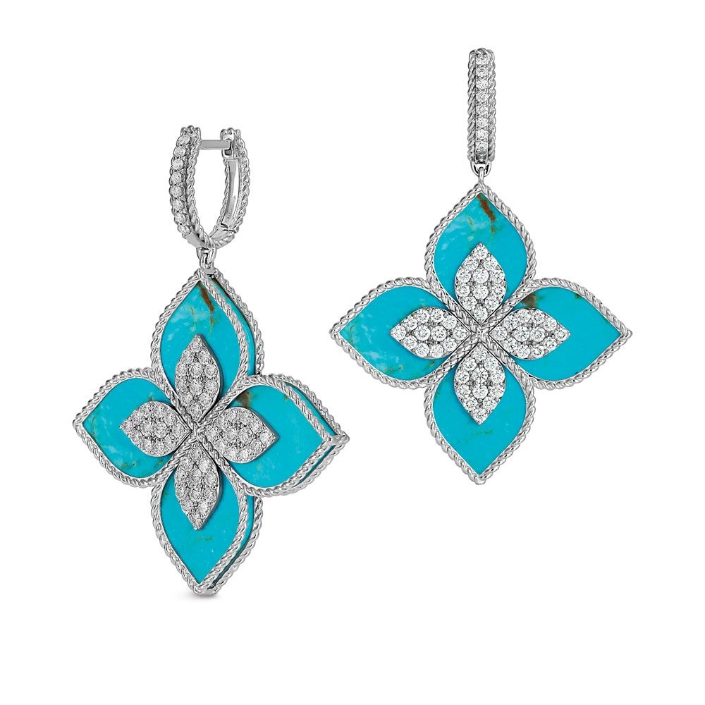Princess Flower Earrings with Diamonds & Turquoise - Dracakis Jewellers