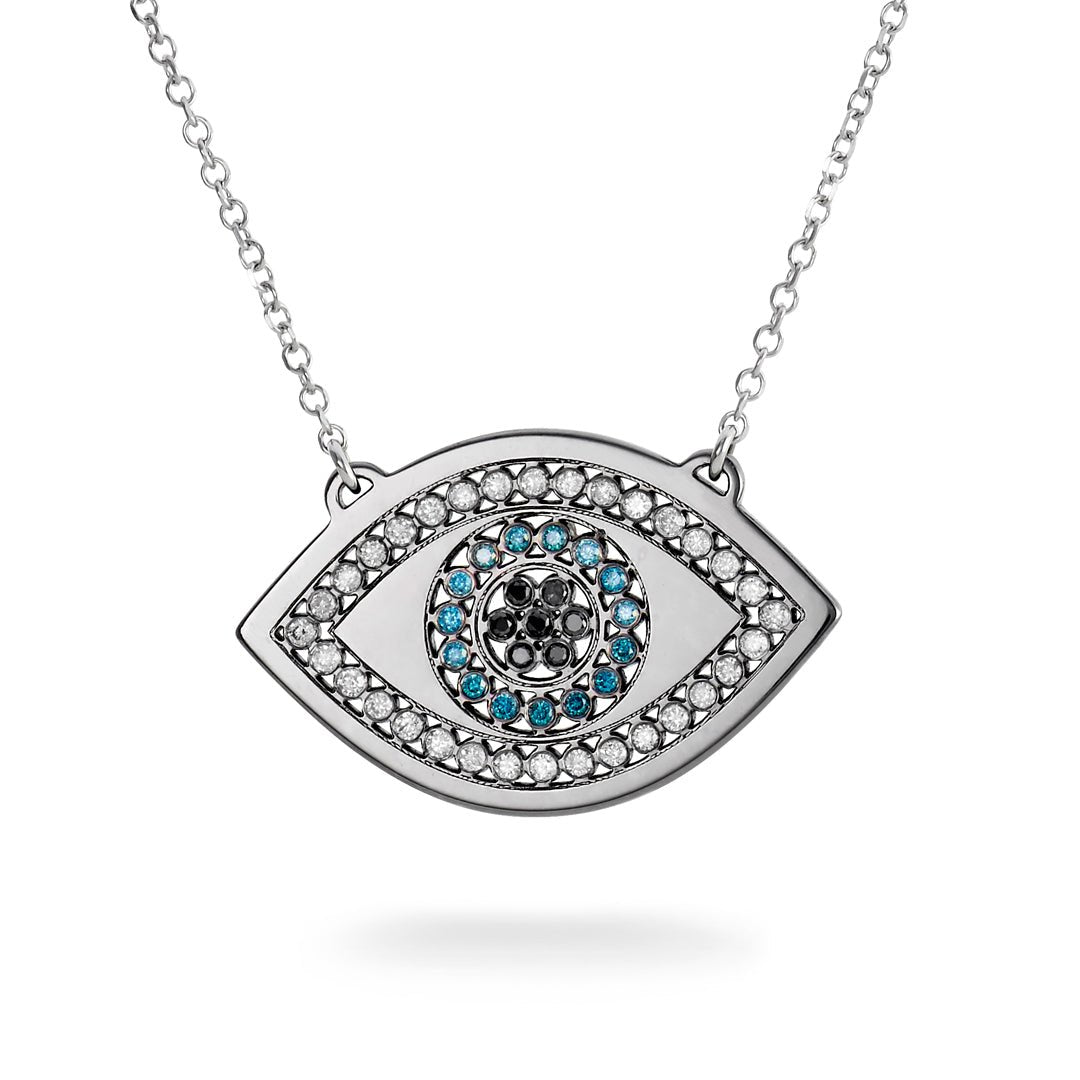 White Gold Evil Eye Necklace with Coloured Diamonds - Dracakis Jewellers