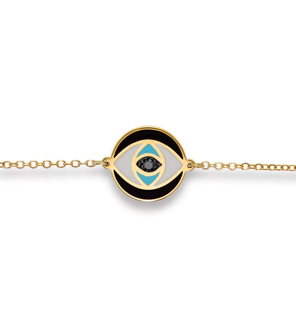 Yellow Gold, Black Diamond & Enamel Evil Eye Bracelet - Dracakis Jewellers